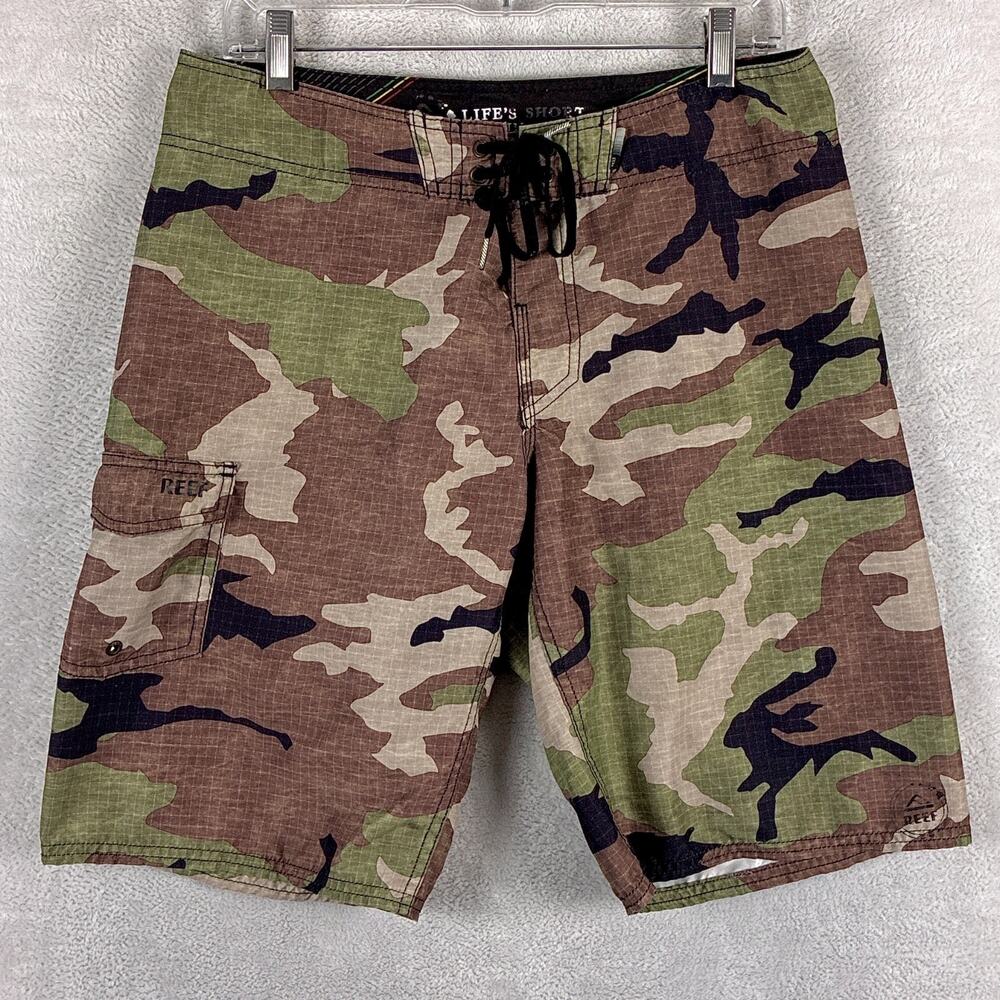 VTG Reef Board Shorts Men 32 Brown Camo Gridstop Grunge Grunge Skate Surf Y2K